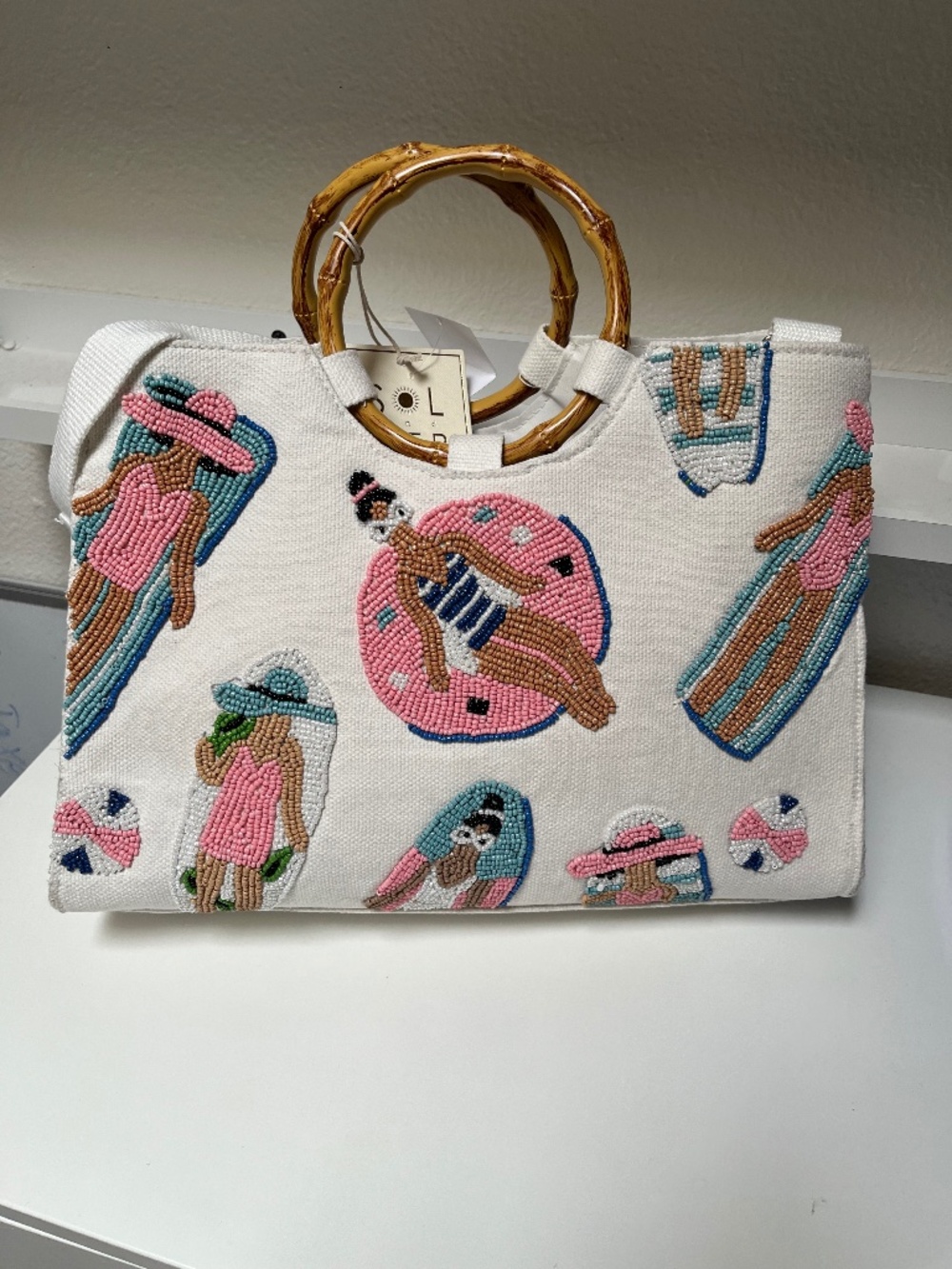 🌴 Sol and Mer Beaded Beach Sunbathers Tote – Bamboo Handles – NWT